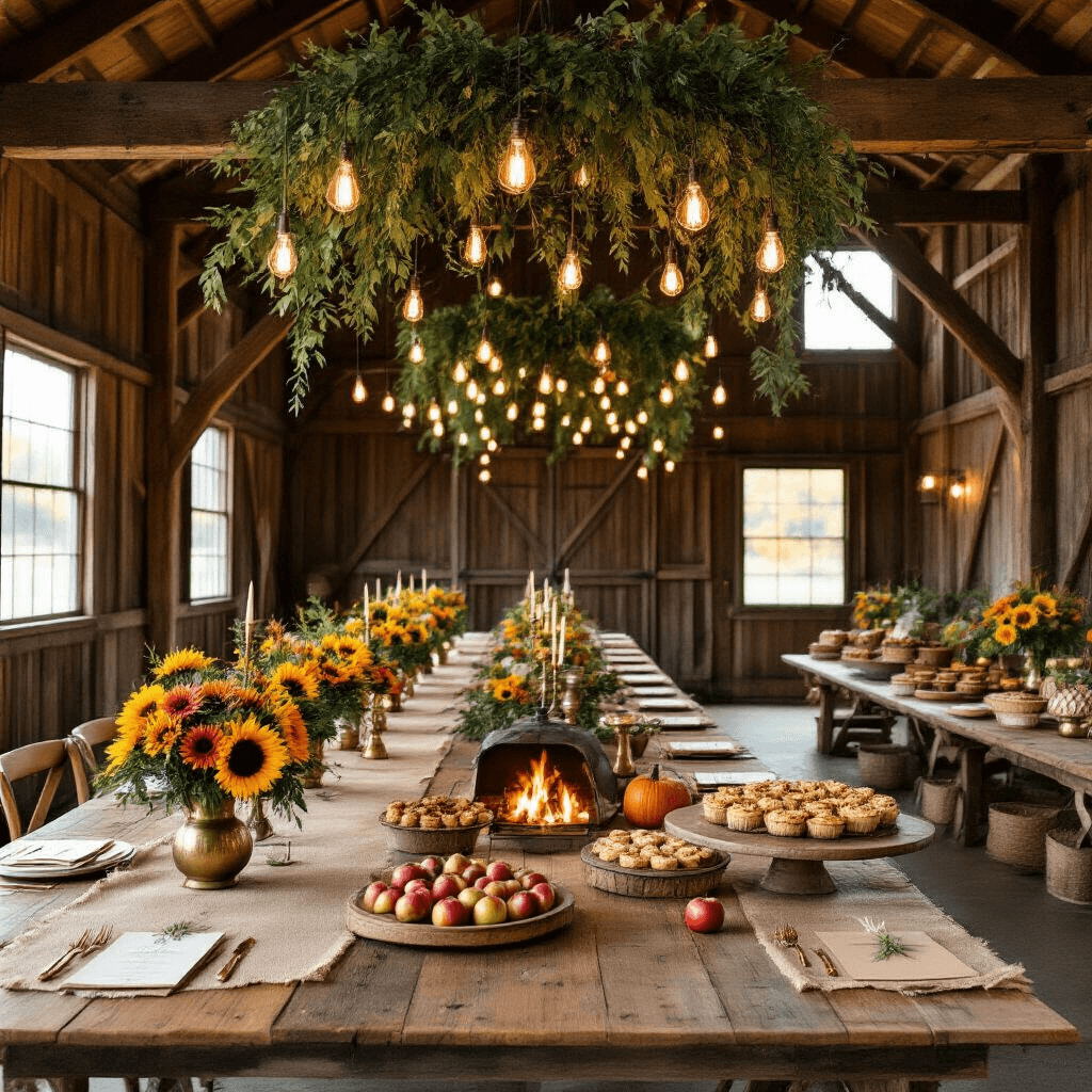 A cozy autumn celebration inside a rustic barn with exposed wooden beams draped in greenery and warm string lights, featuring long tables set with burlap runners, brass candlesticks, and floral centerpieces, a dessert display of pies with apples and mini pumpkins, and a s'mores station, all under a twilight sky.