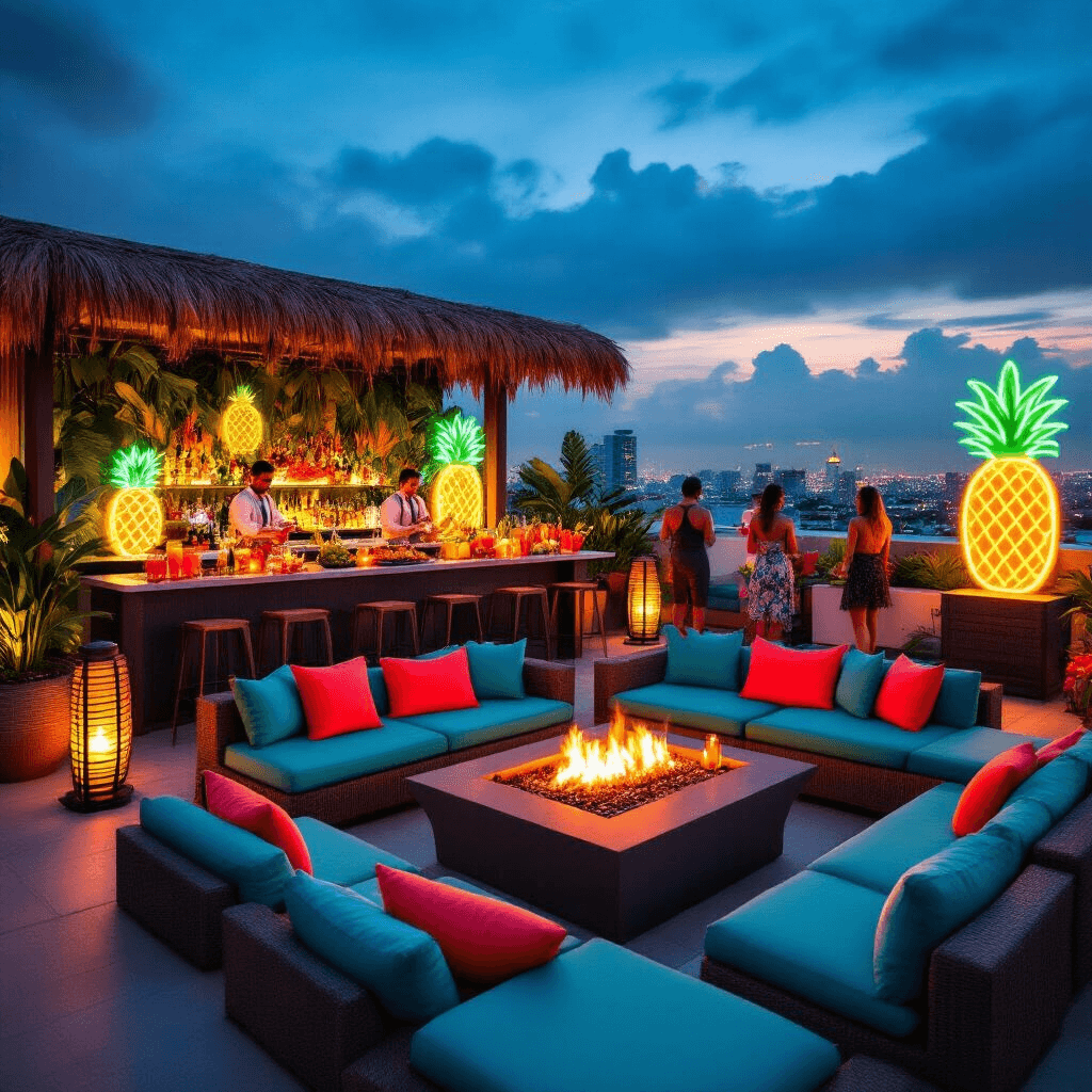 Burst of Color: How to Create the Ultimate Fruit-Themed Birthday Party That Will Make Everyone Smile A modern rooftop terrace set for a tropical fruit soirée at dusk, featuring low lounge seating in bold teal and coral hues, fire pits, tiki torches, and neon pineapple signs. A buffet table displays a colorful fruit cascade with dragon fruit and star fruit, while bartenders mix cocktails at a thatched-roof bar. Guests mingle near a leafy photo booth with oversized fruit props, with city lights twinkling in the background.