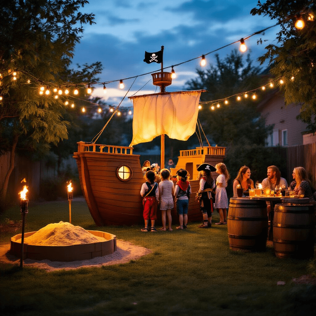 A cinematic wide shot of a lively backyard pirate party at dusk, featuring children in pirate costumes lined up at a cardboard ship photo booth under string lights. A glowing 'treasure dig' sandbox with tiki torches is on the left, while adults engage around barrel tables on the right, all illuminated by warm orange and magical blue-hour light.