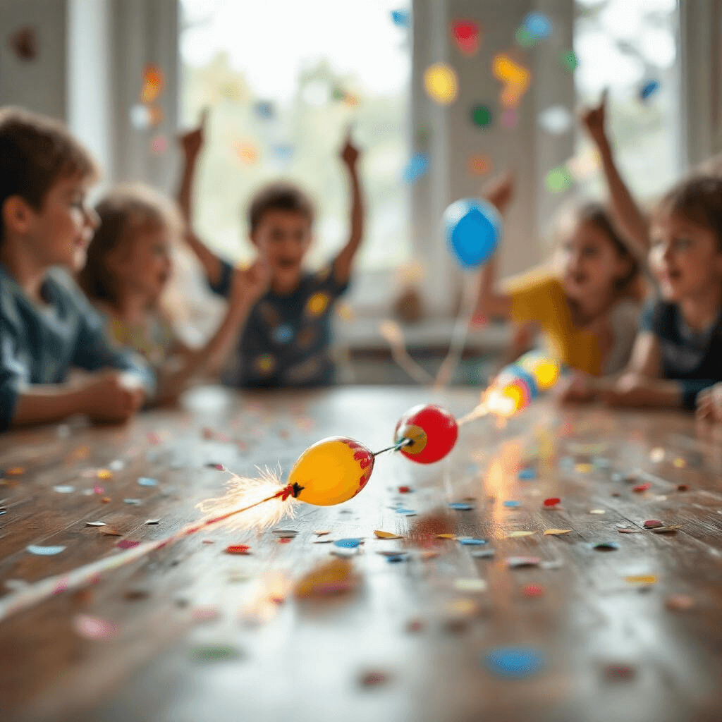 Detail shot of the 'Balloon Rocket Race' featuring two colorful balloons attached to straws sliding along a taut string, with blurred children cheering in the background and festive confetti and streamers in primary colors, all illuminated by soft, natural light.