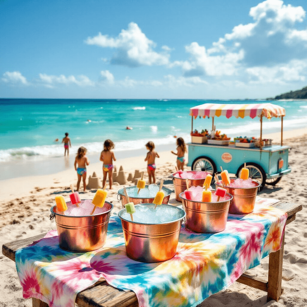 A vibrant beachfront popsicle party featuring tropical fruit popsicles in ice-filled copper tubs on a rustic wooden table, surrounded by children building sandcastles and a vintage ice cream cart, set against turquoise waves and golden sand.