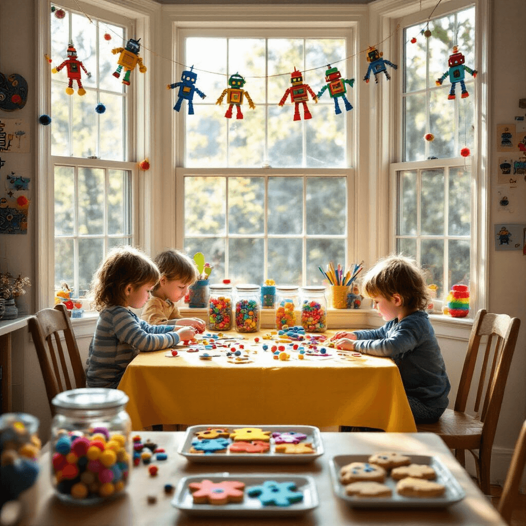 A close-up of a cozy dining nook transformed into a robot-themed craft corner. The table is covered with a bright yellow cloth and adorned with jars of colorful crafting supplies. Handmade robot garlands hang in the bay window, casting playful shadows, while children in mismatched chairs concentrate on their robot creations. A tray of robot-shaped cookies is visible, ready for decorating, with completed robot artwork displayed on the walls.