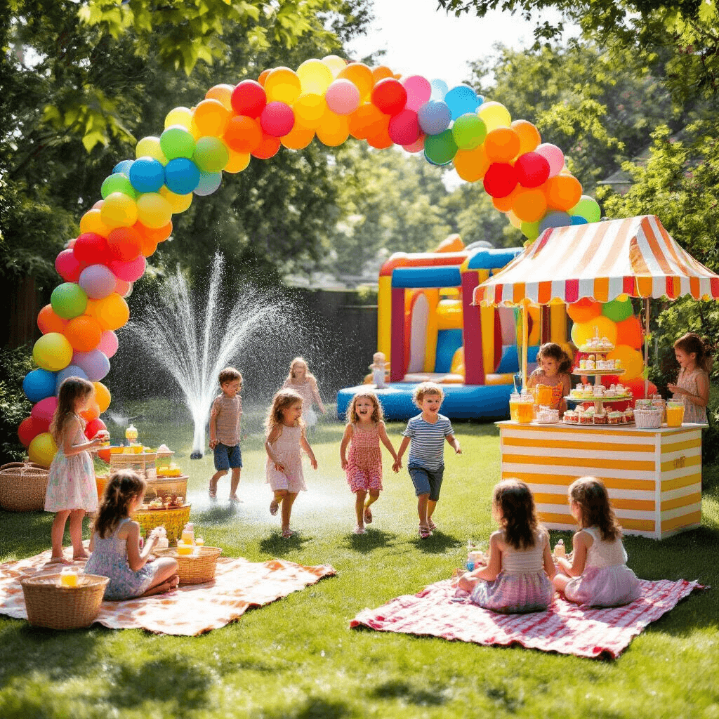 A vibrant children's birthday party in a sunlit backyard featuring a rainbow balloon arch, kids playing in a lawn sprinkler, a DIY lemonade stand, picnic blankets with cupcakes, a face painting station, a castle-shaped bounce house, and colorful decorations.