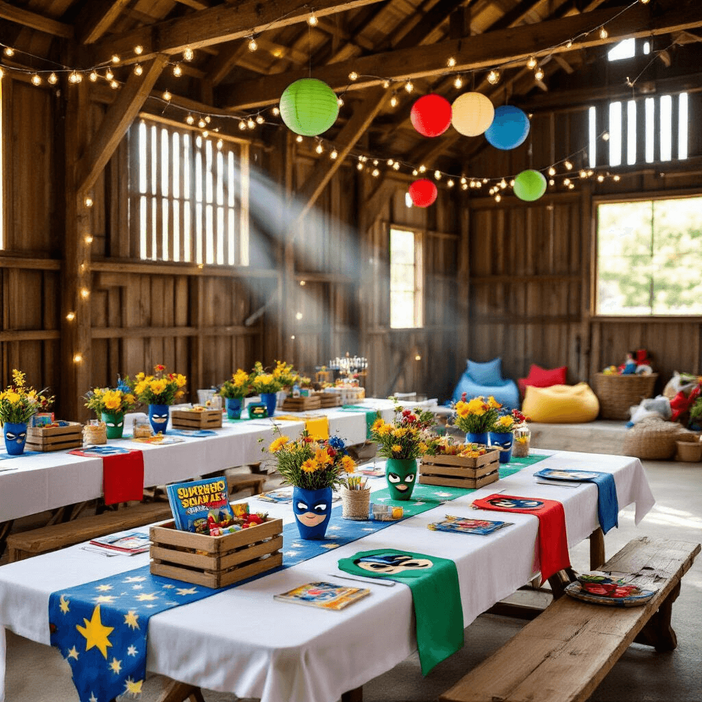 How to Create the Ultimate PJ Masks Birthday Party: A Hero-Powered Celebration Guide A whimsical PJ Masks party setup in a rustic barn, featuring long farmhouse tables with hero-colored runners, wildflower centerpieces in mask-shaped vases, twinkling fairy lights, and a cozy reading nook, all bathed in warm natural light.