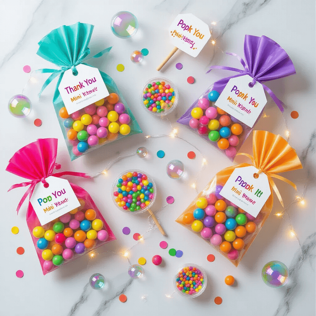 Flat lay of a colorful Pop It party favor arrangement on a marble surface, featuring personalized gift bags with mini Pop It toys, bubble wands, and rainbow candies, tagged with custom thank you notes. Scattered confetti, LED string lights, and decorative acrylic bubbles enhance the festive atmosphere.