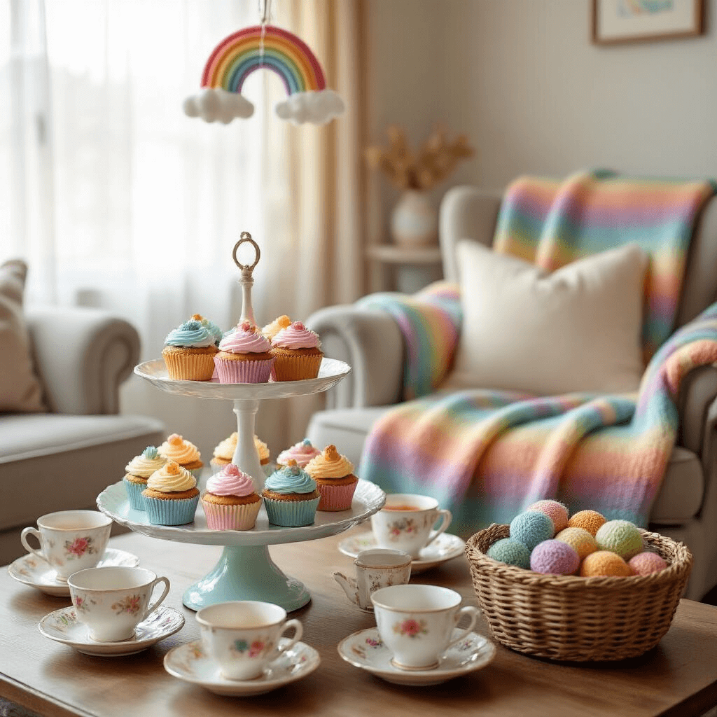 A cozy living room set up for a rainbow-themed baby shower, featuring a tiered cake stand with rainbow-frosted cupcakes, vintage teacups filled with pastel candies, and a handmade rainbow mobile overhead. Soft morning light filters through sheer curtains, highlighting a comfortable armchair draped with a chunky knit blanket in muted rainbow stripes, alongside a basket overflowing with colorful yarn balls.