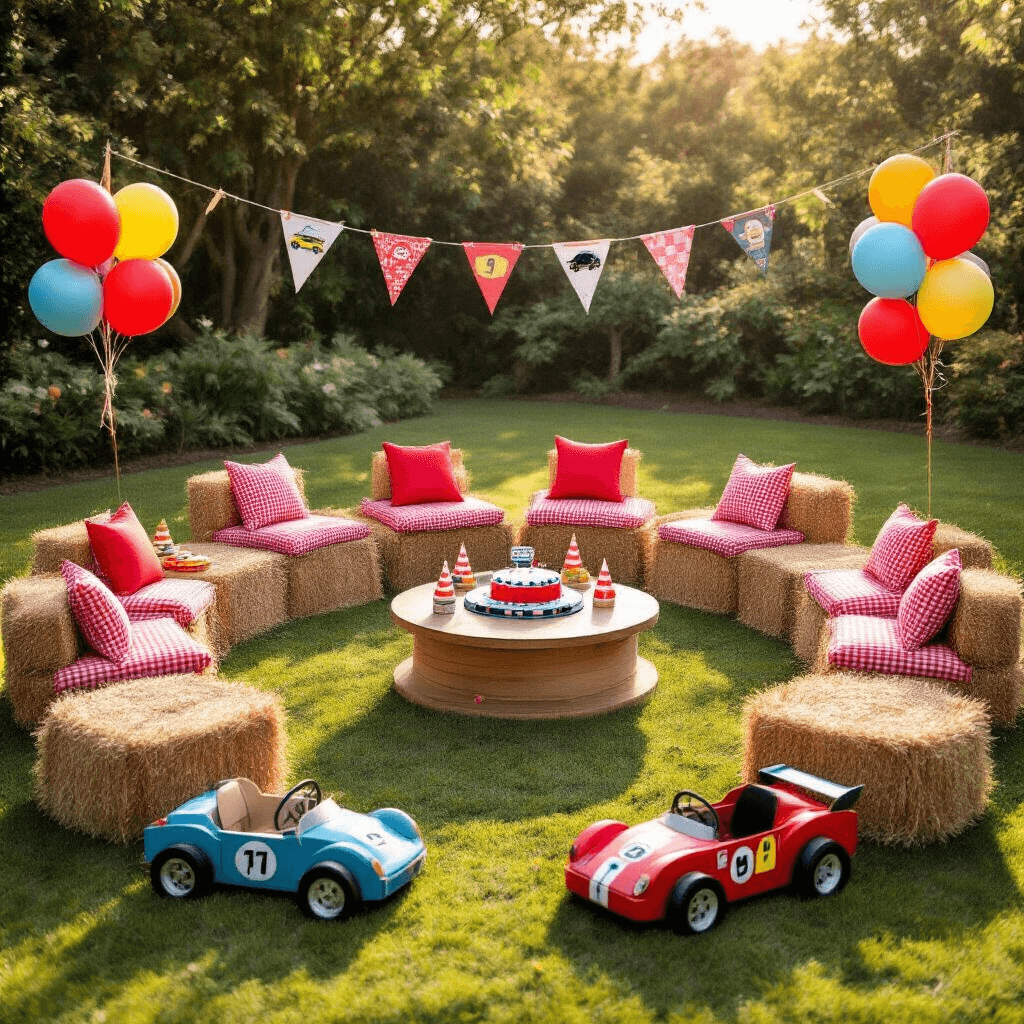 A whimsical toddler's race car birthday garden party featuring hay bales with red gingham cushions, a wooden spool table with a race track cake, themed snacks in traffic cone cones, colorful cardboard race cars, car-shaped balloon bouquets, and a clothesline of racing flags and decorated onesies.