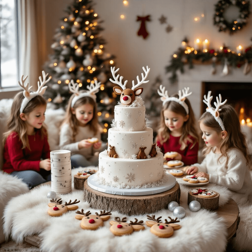 A cozy living room transformed into a whimsical winter wonderland for a reindeer-themed birthday party, featuring a dessert table with a tiered cake, DIY birch log centerpieces, and children in reindeer antler headbands decorating cookies amidst warm lighting and festive decor.