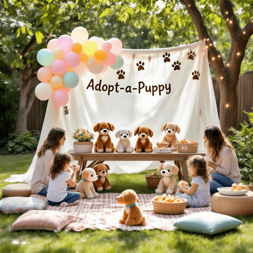 A whimsical puppy-themed birthday party in a sun-drenched backyard, featuring an 'Adopt-a-Puppy' station with pastel balloons, a rustic table of plush puppies, picnic blankets, colorful floor cushions, and twinkling fairy lights strung between trees, as excited children choose their puppies and parents socialize nearby.