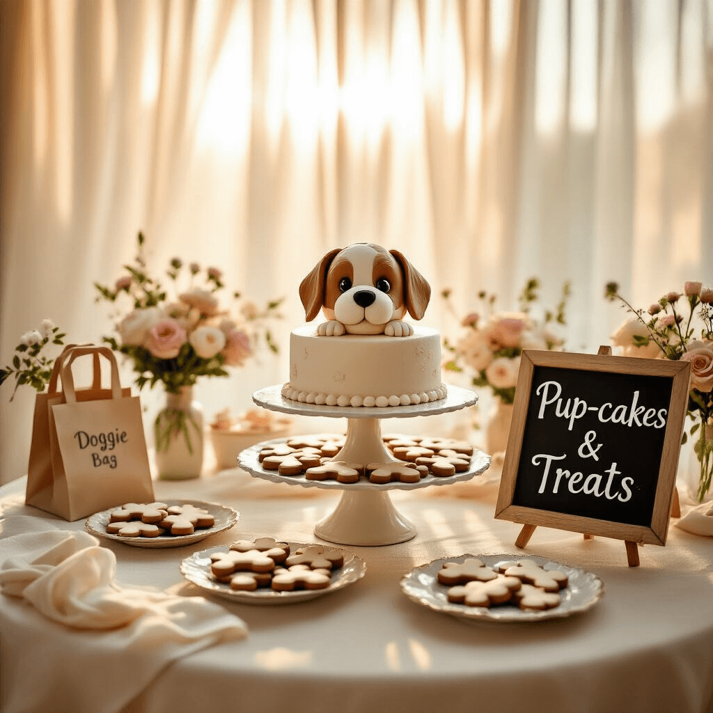 An intimate close-up of a puppy-themed cake table illuminated by warm golden hour light, featuring a tiered puppy-face cake, bone and paw print cookies on vintage plates, pastel flower arrangements, cream and blush linen tablecloths, personalized doggie bags, and a hand-lettered chalkboard sign reading 'Pup-cakes & Treats'.