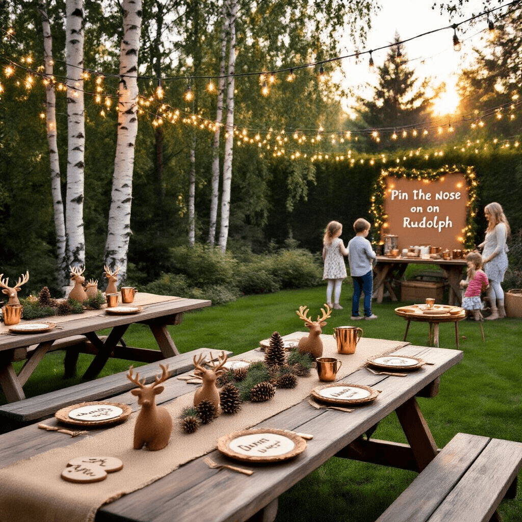 A magical outdoor garden party celebrating a reindeer birthday, featuring warm string lights, rustic wooden tables with burlap runners, personalized wood slice name cards, and reindeer-shaped cookies, set amidst silver birch trees and festive games, all bathed in golden hour light.