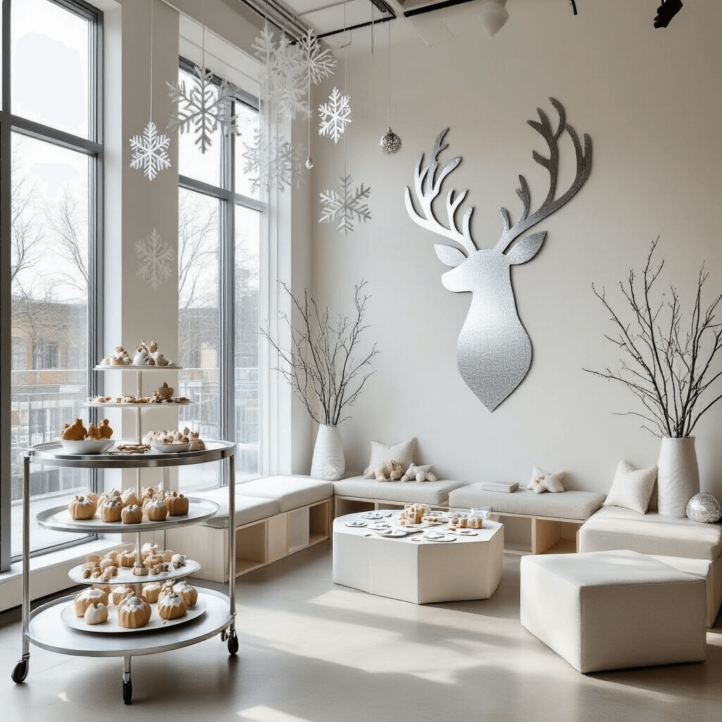 A bright, modern apartment decorated for a Nordic-inspired reindeer birthday party, featuring a dessert cart with geometric reindeer-shaped treats, modular seating around a craft area, and Scandinavian decorations like paper snowflakes and silver ornaments, with a large silver washi tape reindeer silhouette on the wall.