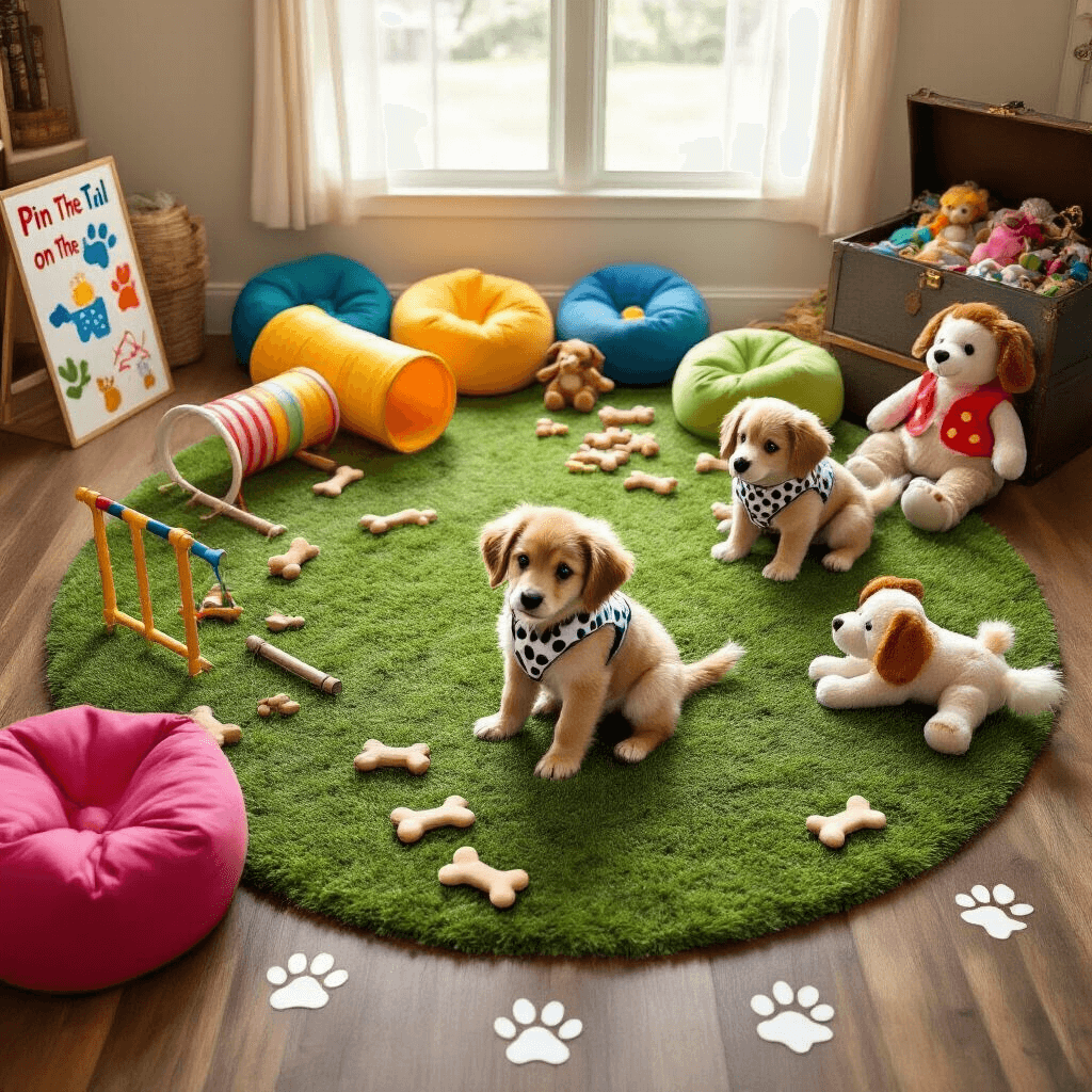 An overhead view of a puppy party game corner featuring a grass-like circular rug, a miniature agility course, a 'Pin the Tail on the Puppy' game, plush toy bones, colorful bean bags for storytime, and a trunk filled with dress-up accessories, all illuminated by soft natural light with paw print floor decals guiding children between activities.