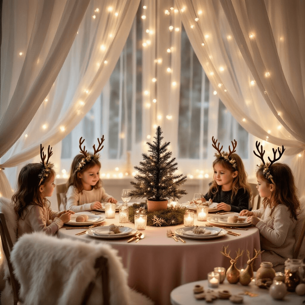 A cozy indoor birthday celebration with a reindeer theme, featuring a round table decorated with blush pink linens, gold cutlery, and glass baubles. The centerpiece includes a small evergreen tree and wooden reindeer figurines, while children in flower crowns with gold antlers sit on chairs with faux fur throws. Twinkling fairy lights and sheer drapery create a warm atmosphere, complemented by a crafting station for making reindeer ornaments.