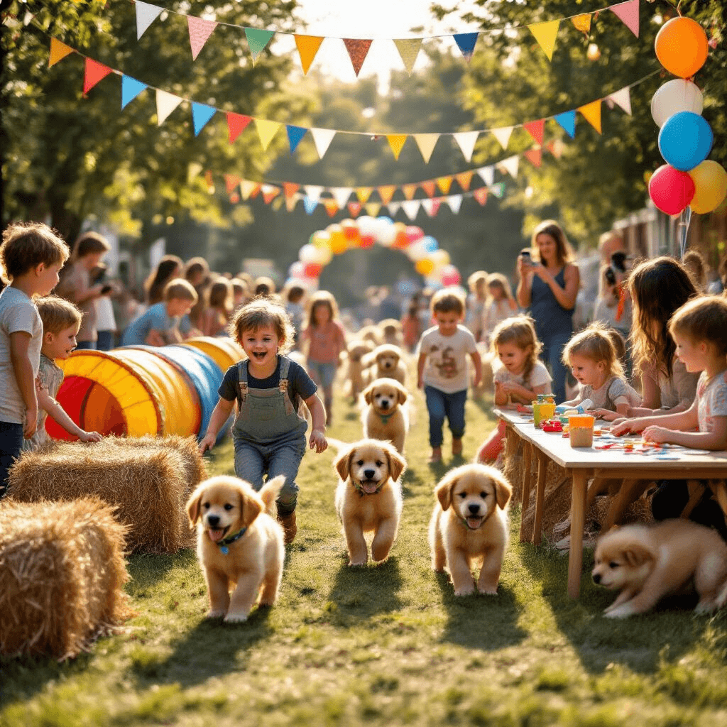 A lively puppy party scene with children navigating an obstacle course, face painting, and crafting dog collars, all under strings of lights and colorful banners, while parents capture memories in the background.