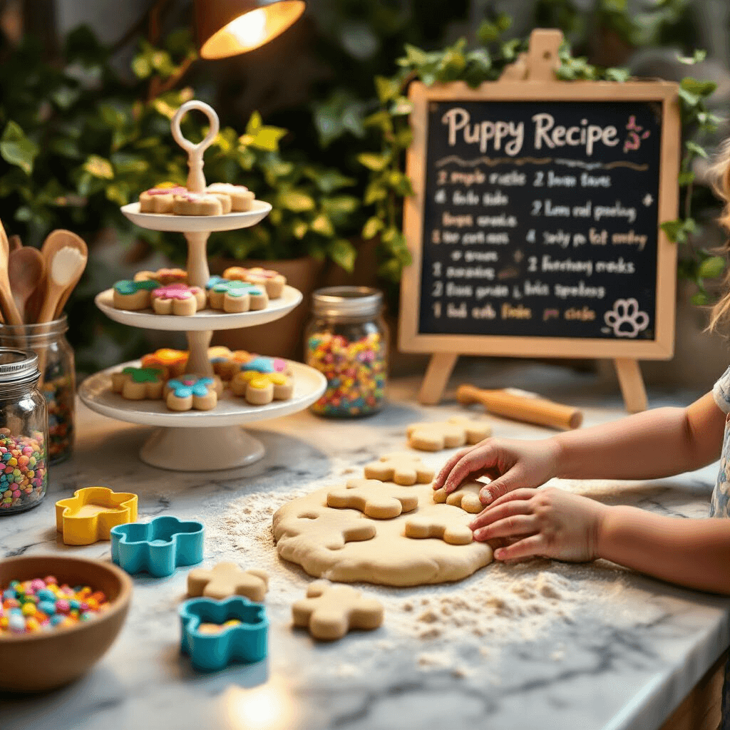 A close-up view of a 'Doggie Treat Making' activity table, featuring a marble countertop dusted with flour, bone and paw-shaped cookie cutters, small hands shaping dough, a tiered stand of decorated puppy treats, mason jars with utensils and sprinkles, and a chalkboard easel with playful recipe instructions surrounded by ivy garlands.
