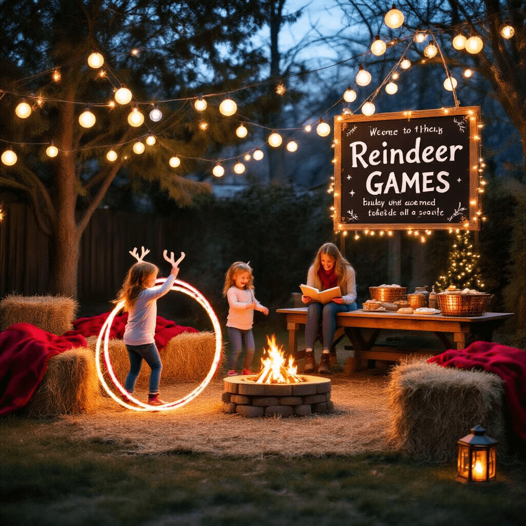 A cozy backyard scene at twilight featuring a festive reindeer party, with glowing bulb lights, a handmade 'Reindeer Games' sign, children playing with LED hula hoops, and adults gathered around a faux campfire reading stories. A s'mores station is visible on a reclaimed wood table, surrounded by twinkling lanterns and pinecone garlands.