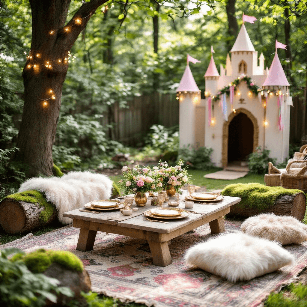 A cozy woodland princess picnic setup featuring low tables on vintage rugs, gold-rimmed plates on wood slices, delicate flower crown favors, moss-covered log seating with faux fur throws, a twinkling 'wishing tree', and a pastel-painted DIY castle backdrop, all illuminated by dappled sunlight.