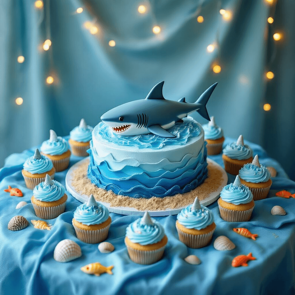 Shark Birthday Party: The Ultimate Guide to Crafting a Jaw-Dropping Celebration Overhead view of a shark-themed birthday cake table featuring a fondant shark cake, blue-frosted cupcakes with fin toppers, ombre blue linens, seashells, edible sand, gummy fish, and fairy lights.