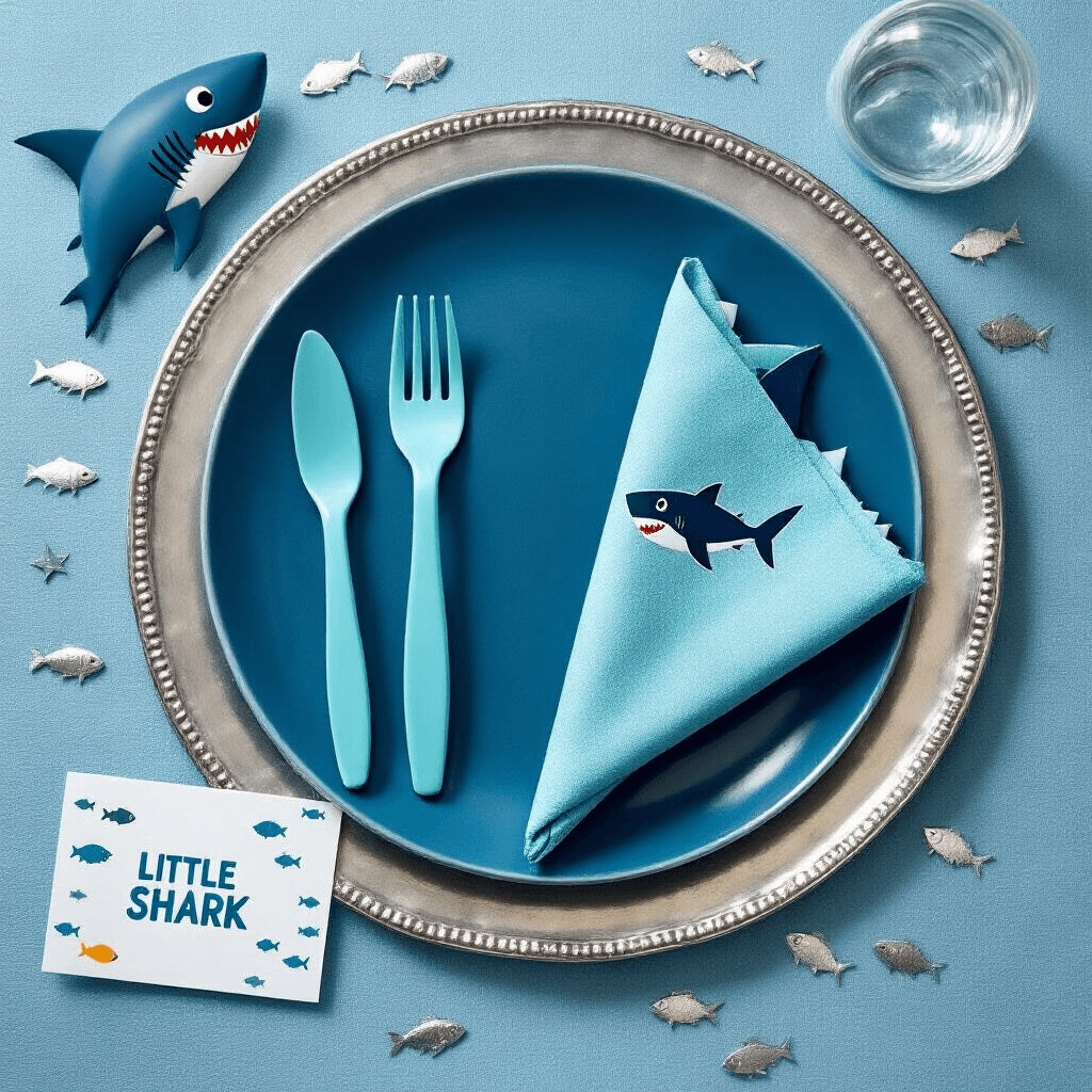 Shark Birthday Party: The Ultimate Guide to Crafting a Jaw-Dropping Celebration A vibrant flat lay of a shark-themed birthday place setting featuring a deep blue plate on a silver charger, ocean-themed melamine utensils, a napkin folded like a shark fin, a personalized cartoon shark water bottle, silver fish confetti, and a 'little shark' place card, all illuminated by natural light.
