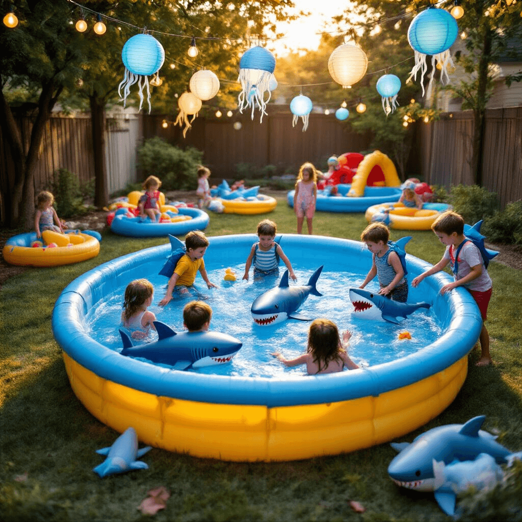 Shark Birthday Party: The Ultimate Guide to Crafting a Jaw-Dropping Celebration Children play a 'shark attack' game in a backyard with a kiddie pool filled with blue water and inflatable sharks, while wearing shark fin backpacks. Ocean-themed obstacle courses and activity stations surround the pool, and string lights and jellyfish-shaped lanterns hang overhead under the warm glow of the golden hour sun.