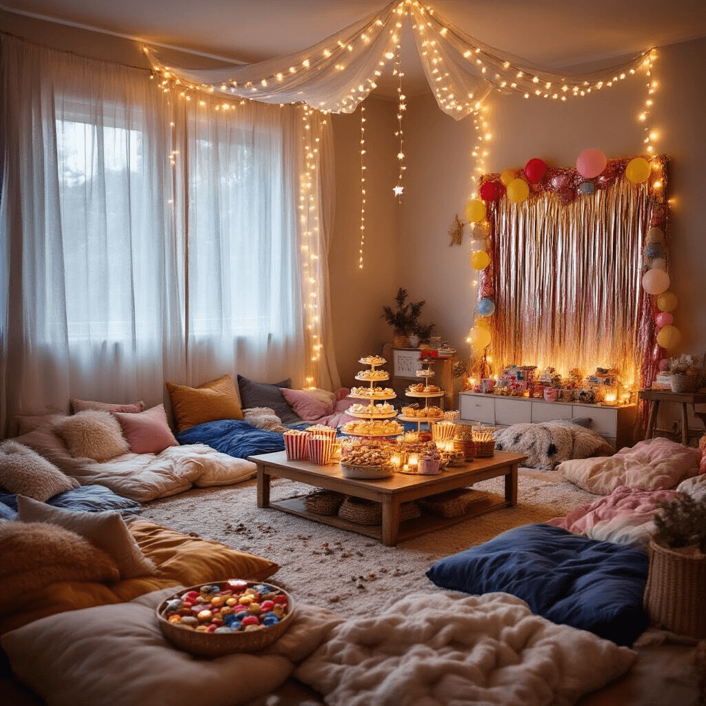 A cozy living room transformed into a magical sleepover paradise with plush floor cushions, colorful sleeping bags, twinkling fairy lights, an elaborate snack spread on a central table, craft supplies, and a DIY photo booth backdrop, all in lavender, silver, and white hues.