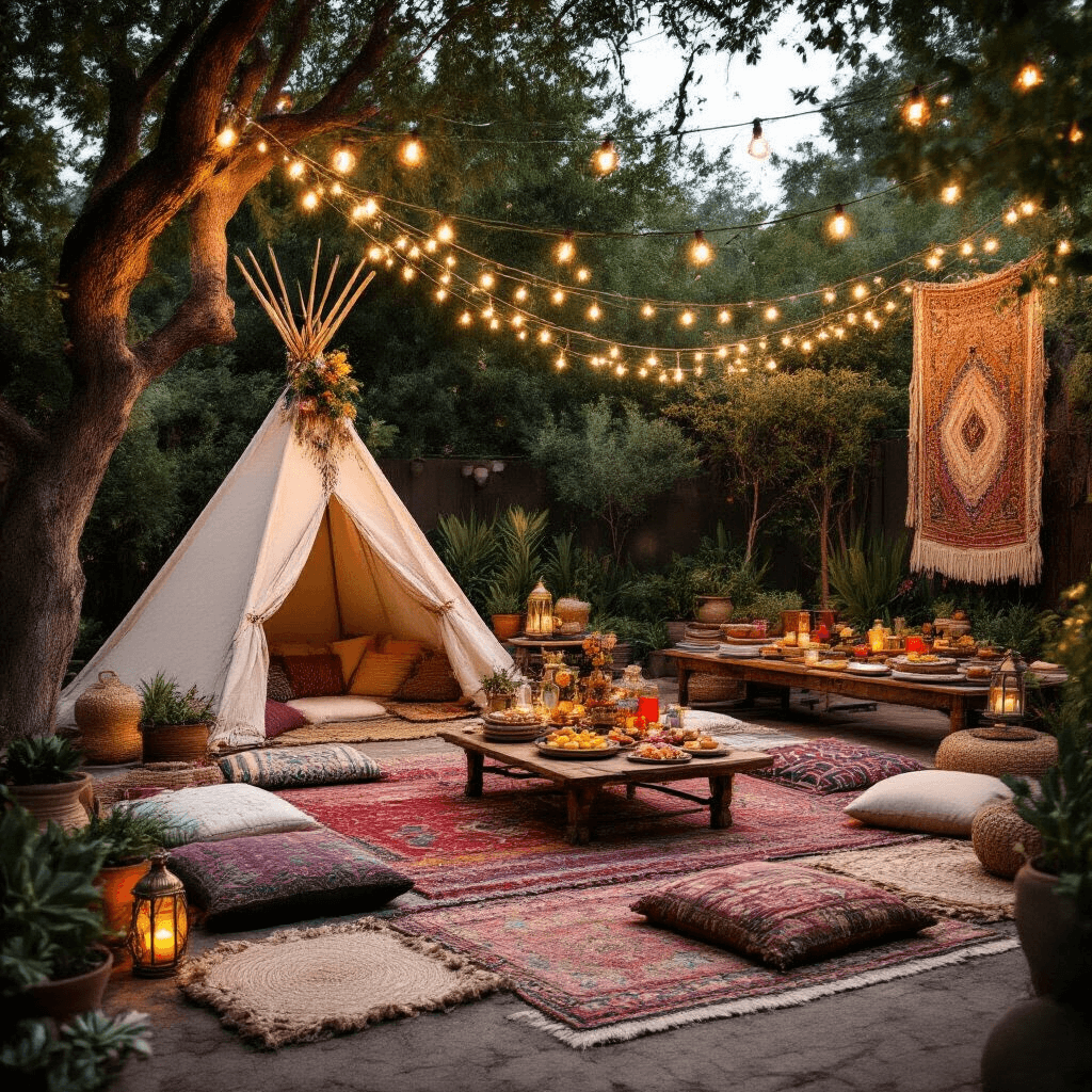 An intimate bohemian backyard sleepover at twilight, featuring string lights, mismatched rugs, low tables with floor cushions, a macramé teepee, Moroccan lanterns, a dessert cart with sweet treats, and woven tapestries hanging from trees.