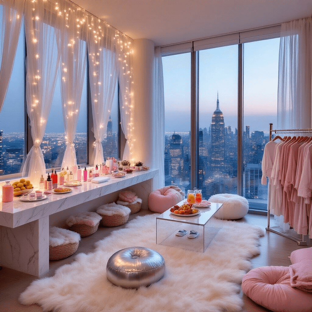 A chic tween spa sleepover set in a modern apartment with floor-to-ceiling windows showcasing a city skyline at dusk, featuring plush white fur rugs, blush pink pillows, a marble pampering station, fairy lights, healthy snacks, and elegant decor in blush, white, and silver.