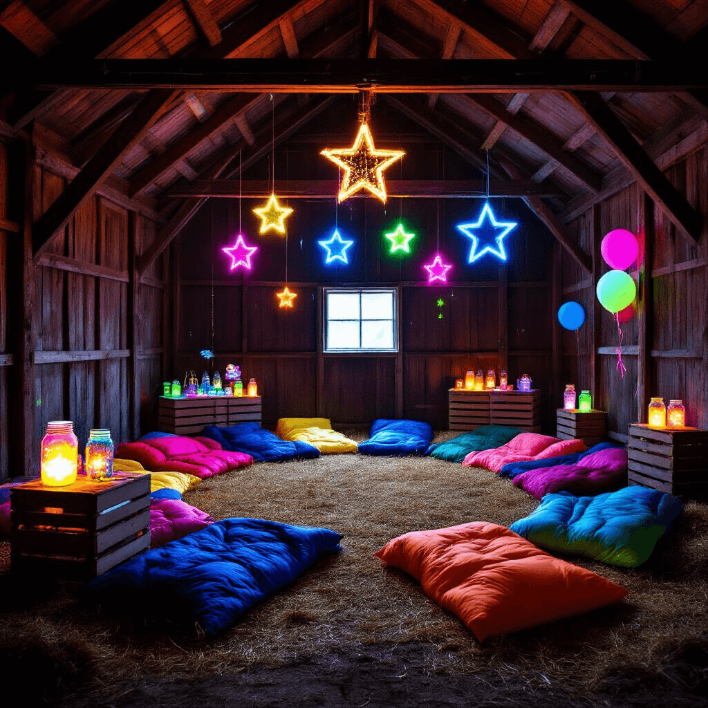 A rustic barn interior brightened with glow-in-the-dark decorations for a magical sleepover, featuring vibrant sleeping bags on hay, illuminated mason jar lanterns, a snack table with glowing treats, and colorful glow stick accessories against a dark wooden backdrop.
