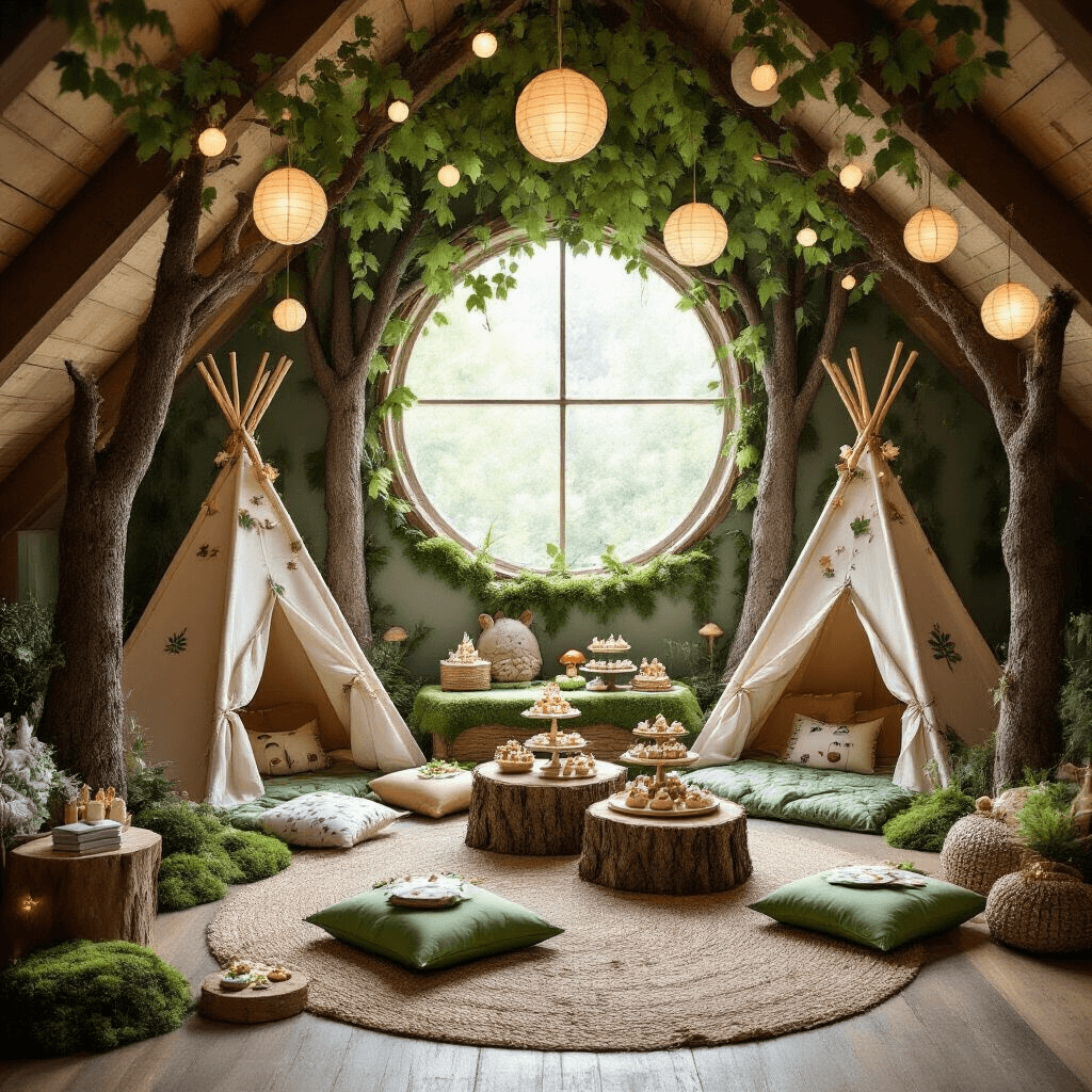 A whimsical attic sleepover setup featuring teepees under faux trees and oversized paper flowers, illuminated by soft morning light. Fairy lights and mushroom-shaped lanterns enhance the magical ambiance, with tree stump tables displaying woodland-themed treats. The scene includes personalized pillows, flower crowns, magic wands, and a cozy reading nook.