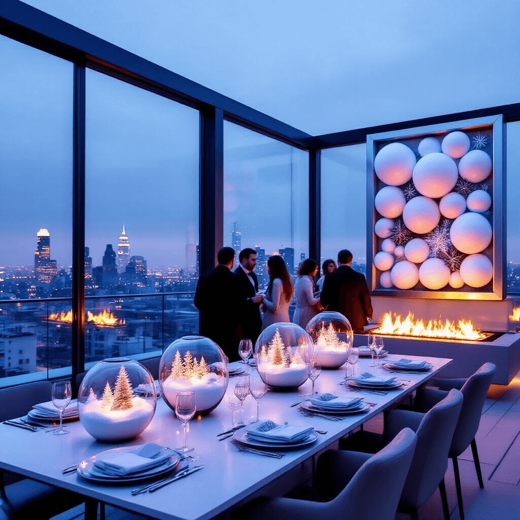 A Magical Snowman Birthday Party: Your Ultimate Guide to Winter Wonderland Celebration A chic rooftop apartment transformed for a winter soirée, featuring floor-to-ceiling windows showcasing a cityscape, sleek tables with matte white dinnerware and crystal glasses, geometric terrarium centerpieces, an oversized silver balloon wall, guests mingling around a firepit, and a photo booth with winter-themed props.