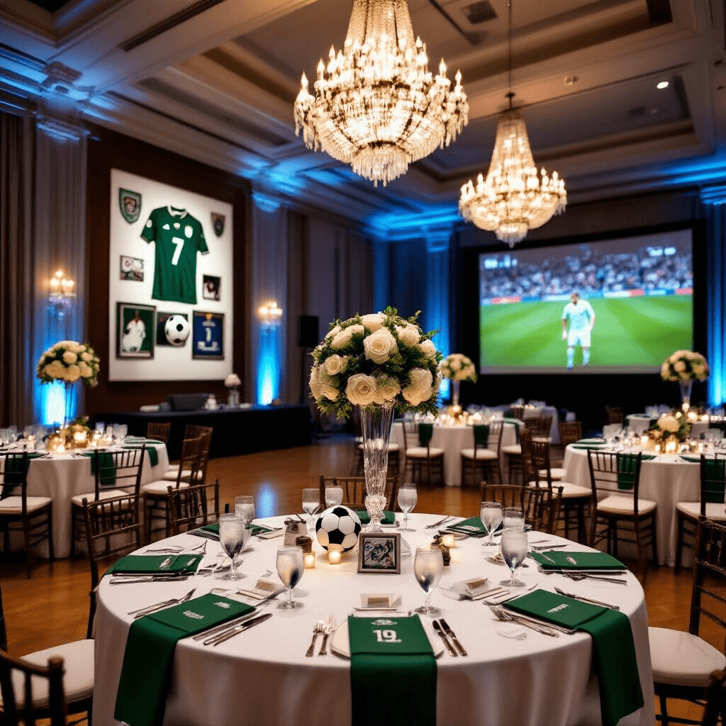 Soccer Birthday Party: The Ultimate Guide to Creating an Unforgettable Celebration An elegant indoor birthday celebration for a soccer enthusiast, featuring a ballroom with high ceilings, crystal chandeliers, round tables with white linens and green runners, centerpieces of white roses and greenery with a soccer ball, personalized jersey-shaped place cards, a gallery wall of soccer memorabilia, soft uplighting in team colors, and a large screen showing soccer highlights, with well-dressed guests mingling around a soccer-themed bar.