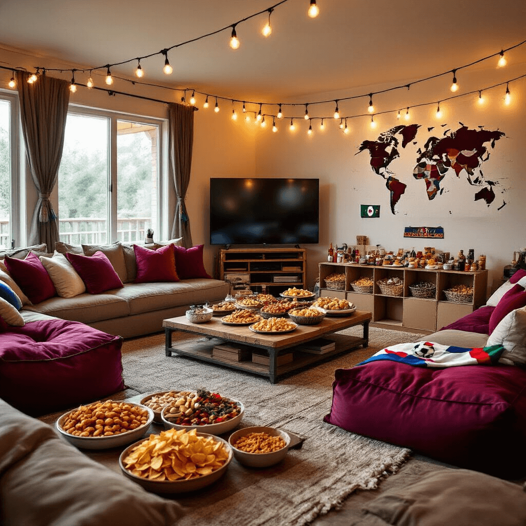 Soccer Birthday Party: The Ultimate Guide to Creating an Unforgettable Celebration A cozy living room set up for a World Cup viewing party, featuring plush sofas, oversized floor cushions, a large TV, global finger foods on tiered platters, string lights, a world map with pins, soccer scarves and flags, and a snack stadium filled with chips and dips, all under warm and blue lighting.