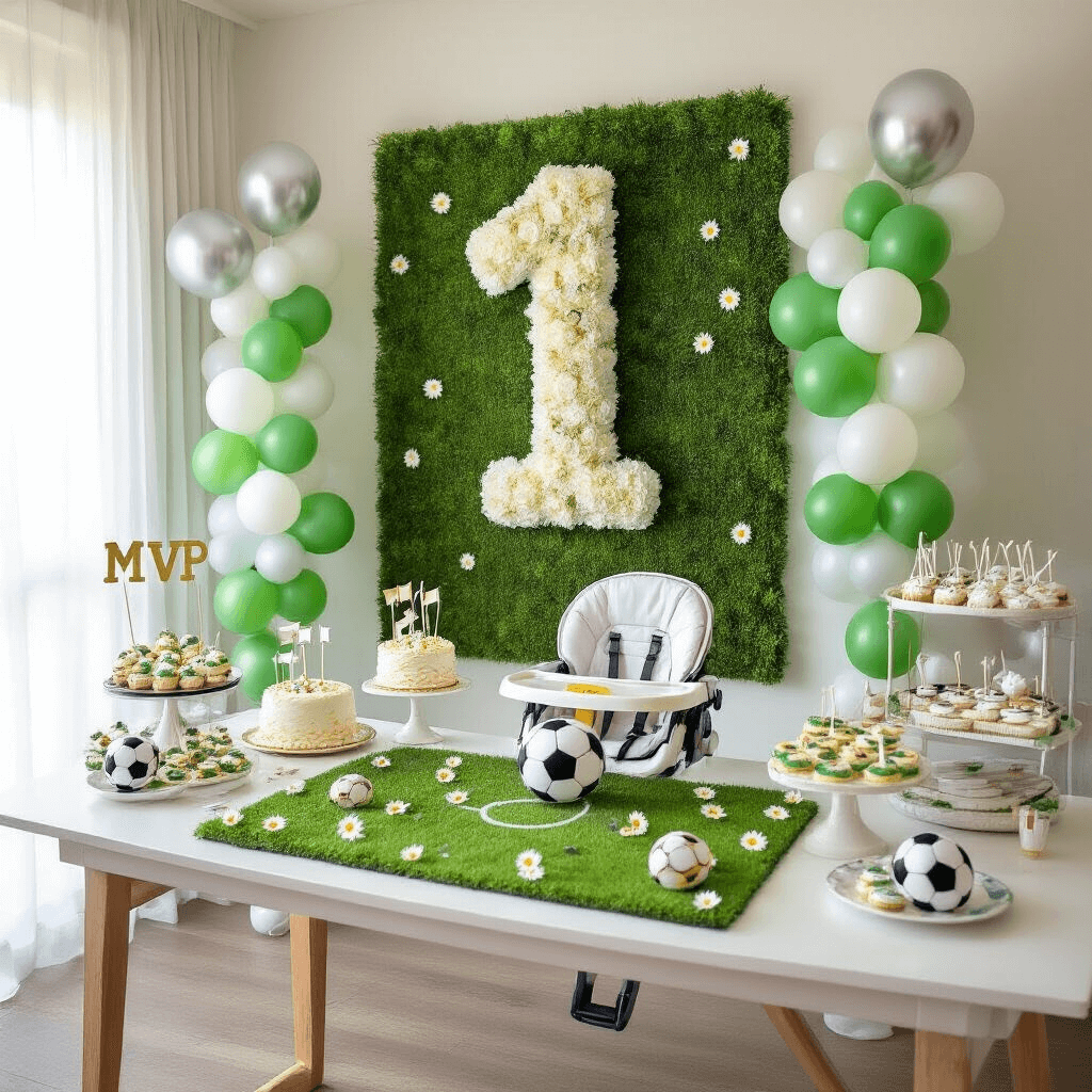 Soccer Birthday Party: The Ultimate Guide to Creating an Unforgettable Celebration A sun-filled modern apartment decorated for a whimsical soccer-themed first birthday celebration, featuring a flower-adorned '1' on the wall, green and white balloon garlands, a dining table with a turf runner and soccer-themed decorations, a custom highchair with an 'MVP' banner, and a dessert cart filled with soccer-themed treats.