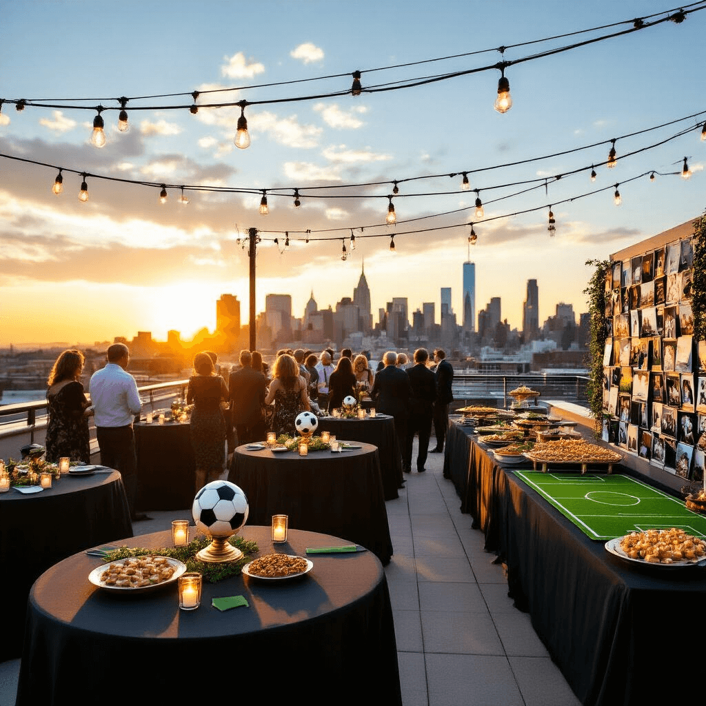 Soccer Birthday Party: The Ultimate Guide to Creating an Unforgettable Celebration A sophisticated rooftop terrace set for a retirement party, featuring high-top tables with black linens and emerald green accents, soccer ball centerpieces, elegant lighting, a buffet table designed like a soccer field, and a saxophonist playing jazz against a stunning city skyline backdrop.