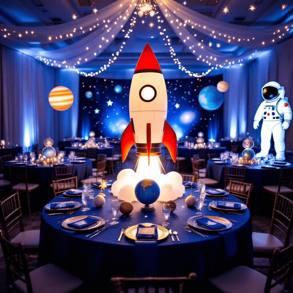 Blast Off to an Unforgettable Space Birthday Party: The Ultimate Cosmic Celebration Guide A dimly lit indoor ballroom transformed into a cosmic wonderland for a child's space-themed birthday party, featuring twinkling star string lights, a giant inflatable rocket ship centerpiece, and tables with midnight blue linens and galaxy decorations.