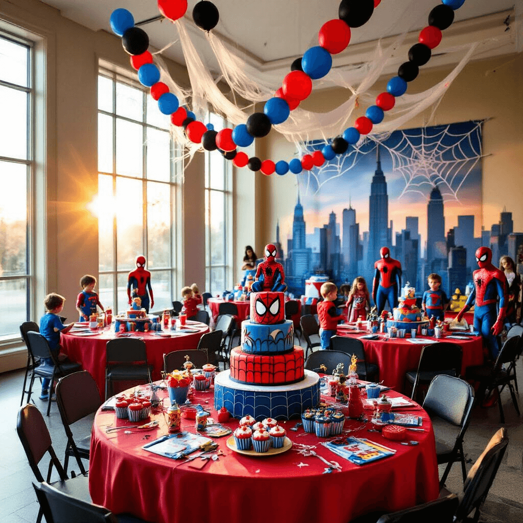 A vibrant Spiderman-themed birthday party in an indoor ballroom, featuring red and blue table settings, a 3D Spiderman cake, balloon garlands, and children playing in superhero costumes.