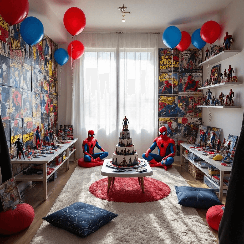 An intimate superhero training camp set in a modern apartment, featuring an obstacle course, mask-decorating stations, comic book backdrop, action figures, festive balloons, spider web decorations, and a skyscraper-themed Spiderman cake.