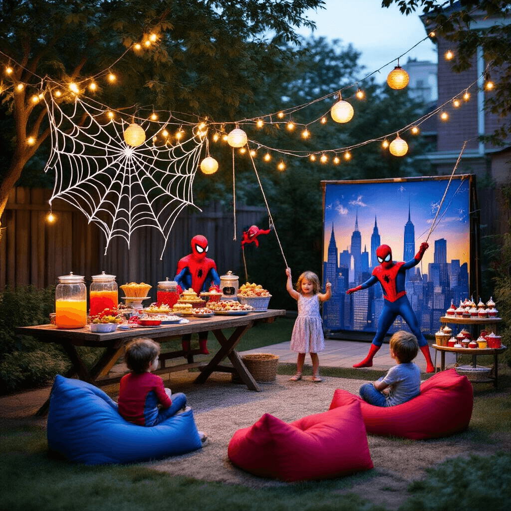 A whimsical Spiderman-themed backyard celebration at twilight, featuring fairy lights, a rustic table with snacks and punch, a DIY photo booth with a New York skyline backdrop, children playing on a rope web, a stage for superhero poses, and a dessert cart with spiderweb-decorated cupcakes.