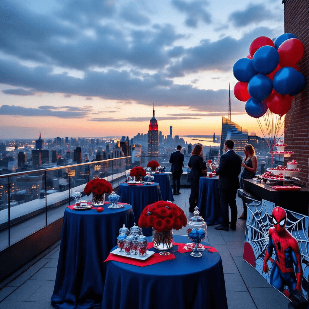 An upscale birthday soirée on an elegant rooftop terrace featuring Spiderman-themed decor, high tables with deep blue linens and red accents, a dessert bar with spider emblem cake pops, and a web-inspired balloon installation, all set against a twinkling NYC skyline at sunset.