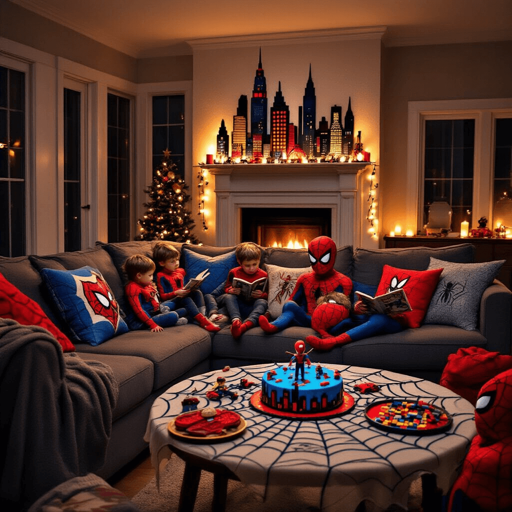 A cozy superhero-themed living room for a Spiderman birthday party, featuring candlelight, red and blue uplights, a felt cityscape on the mantel, comic book art pillows on the sectional sofa, a LEGO building station on the coffee table, and a dining nook with a spider web lace tablecloth and a homemade Spiderman cake surrounded by vintage comics and action figures.