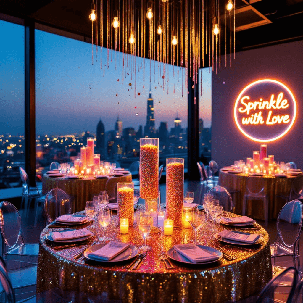 An elegant rooftop soirée at twilight, featuring round tables with gold sequin linens and tall glass vases filled with ombré sprinkles. Sleek ghost chairs surround the tables, and modern chandeliers adorned with iridescent beads hang above. A neon sign reading 'Sprinkle with Love' is set against a backdrop of metallic confetti, with warm golden hour light illuminating the scene, including sprinkle-rimmed champagne flutes and glistening place settings.
