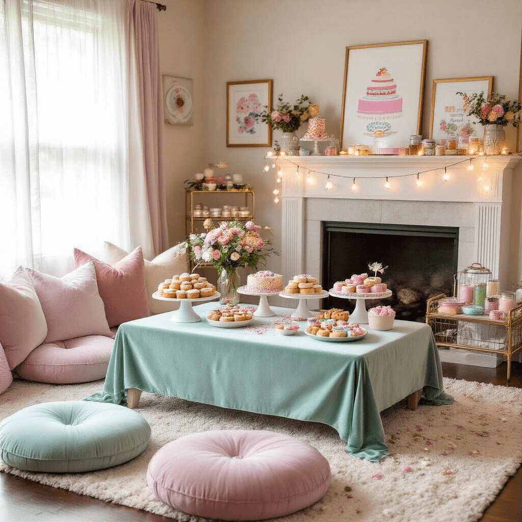 A cozy living room decorated for a sprinkle-themed gathering, featuring a mint green velvet tablecloth with an array of sprinkle-covered treats on cake stands, plush floor cushions, string lights on a fireplace mantel with sprinkle art, and a bar cart with colorful cocktail supplies.