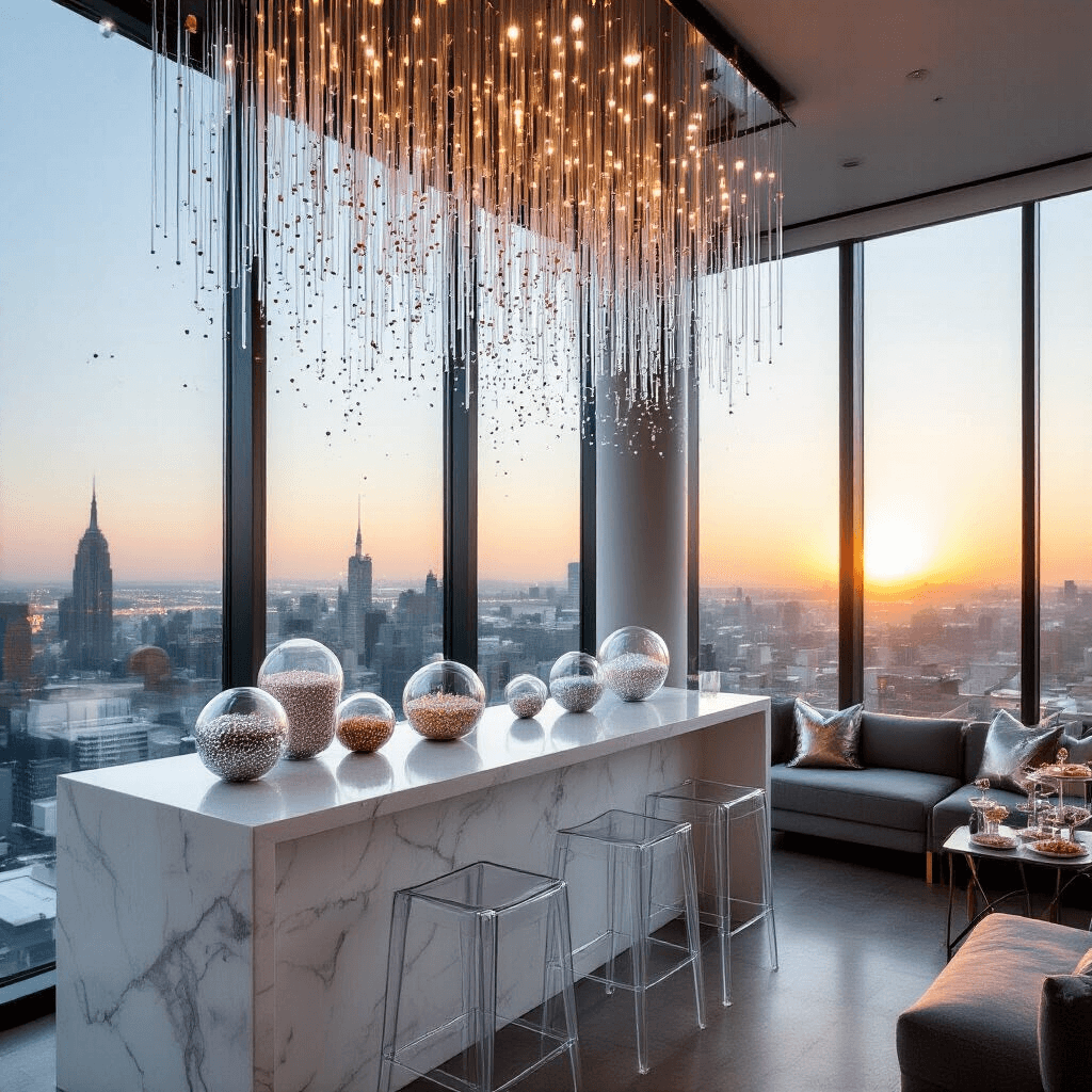A sophisticated cocktail party setup in a modern minimalist apartment, featuring a sleek white marble bar with geometric glass terrariums filled with silver and white sprinkles, acrylic ghost stools, low-profile gray velvet sofas with metallic pillows, and an art installation of clear acrylic tubes with cascading colorful sprinkles, all against a dramatic sunset cityscape backdrop.