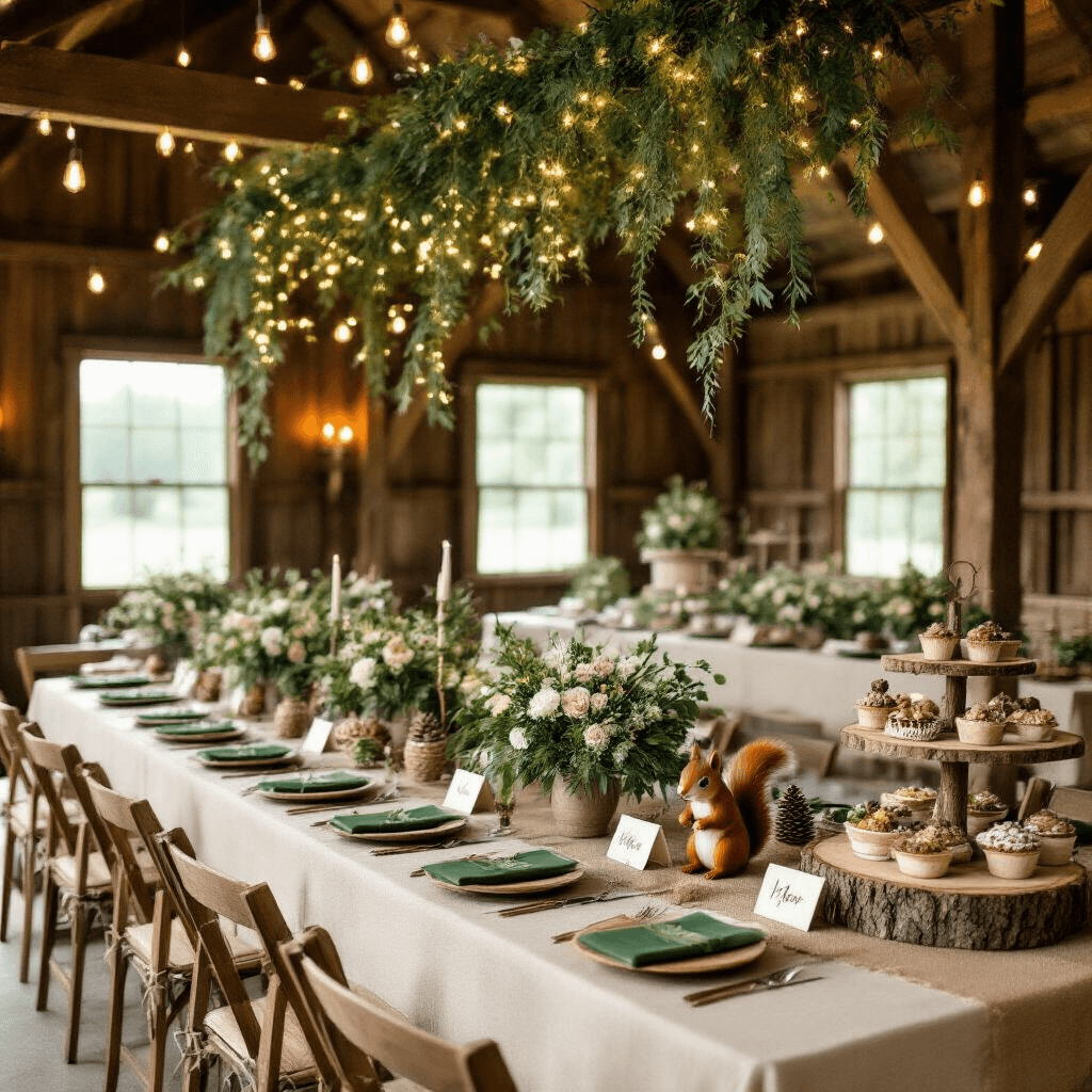 A beautifully styled rustic barn interior for a woodland birthday soirée, featuring long farmhouse tables with cream linens and burlap runners, vibrant wildflower centerpieces, and whimsical squirrel figurines, all under delicate fairy lights and lush greenery, with a dessert cart of nature-themed sweets and soft mason jar lighting.