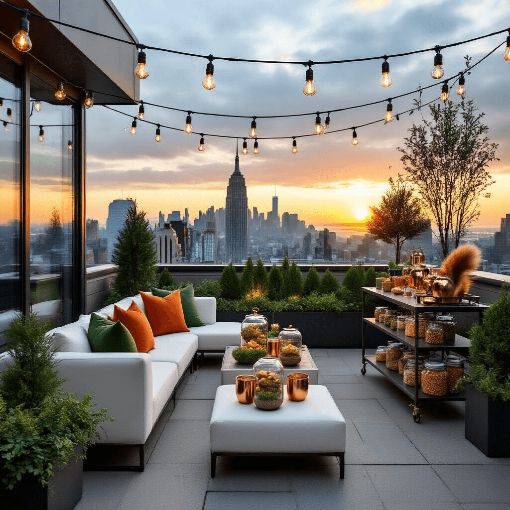 A modern rooftop terrace decorated for a squirrel-themed celebration, featuring sleek white lounge furniture, terrariums, a stylish bar cart with cocktails, and city skyline views, all illuminated by Edison bulbs.