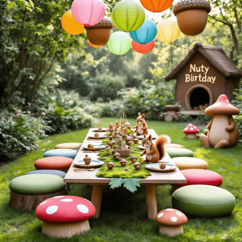 A whimsical children's birthday party setting in a garden, featuring a low table with a moss runner, colorful floor cushions, leaf-shaped plates, and playful decorations like lanterns and balloons, all captured from a child's eye level.