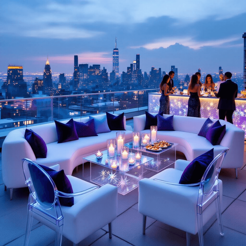 A chic rooftop terrace adorned for a celestial soirée, featuring sleek white lounge furniture with deep blue and purple pillows, lucite ghost chairs, clear acrylic tables with floating candles and metallic origami stars, a shimmering holographic statement wall, a bar serving cosmic cocktails, and uplighting casting a soft blue glow as guests enjoy hors d'oeuvres.