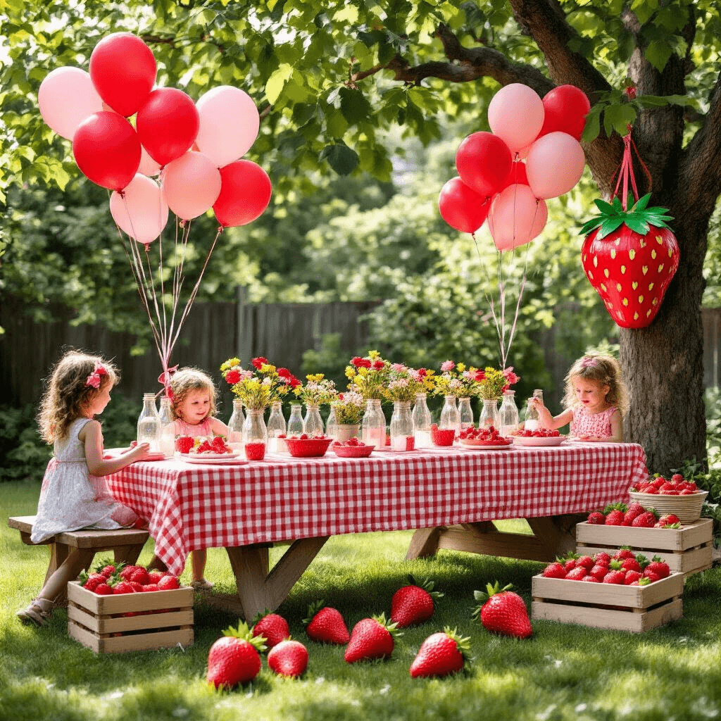 A whimsical strawberry-themed birthday party setup in a sunlit backyard, featuring a picnic table with a red gingham cloth, vintage milk bottles with wildflowers, clusters of red and pink balloons, a handmade strawberry piñata, a dessert cart with strawberry treats, and children playing among oversized cardboard strawberries and wooden crates filled with real strawberries.