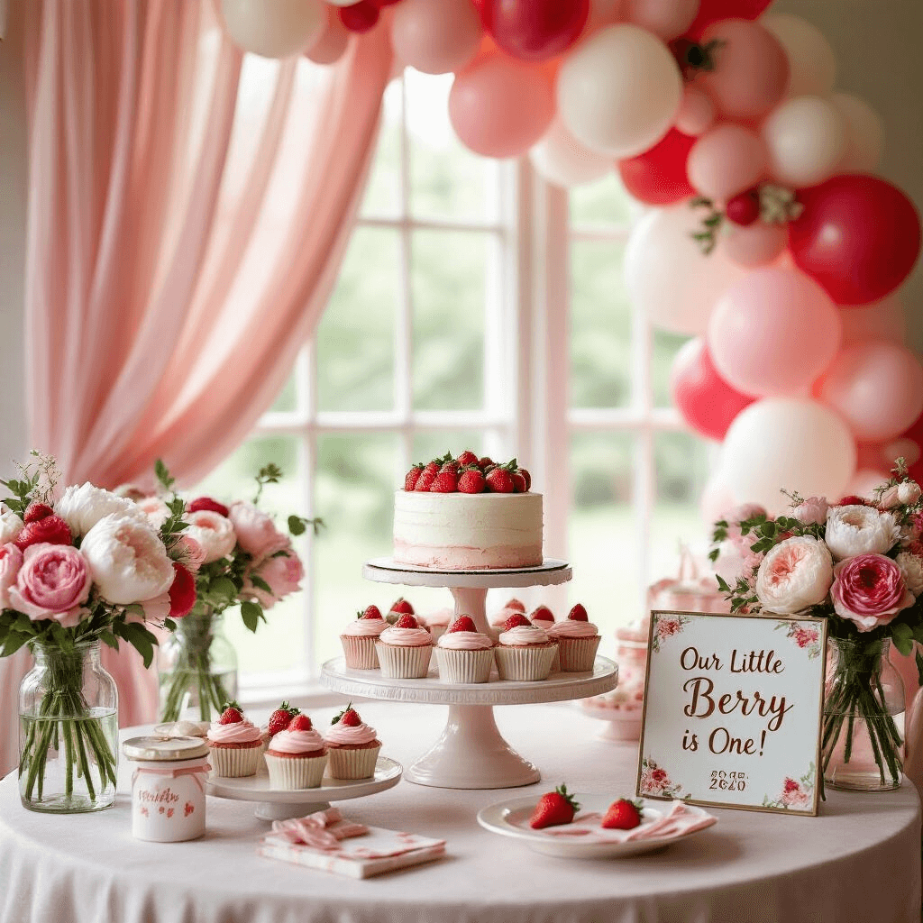 An inviting first birthday celebration featuring a tiered cake stand with a petite smash cake and strawberry cupcakes, surrounded by blush pink drapery, a pink, red, and white balloon arch, vintage milk glass vases with peonies and garden roses, and personalized gold calligraphy signage reading 'Our Little Berry is One!'.